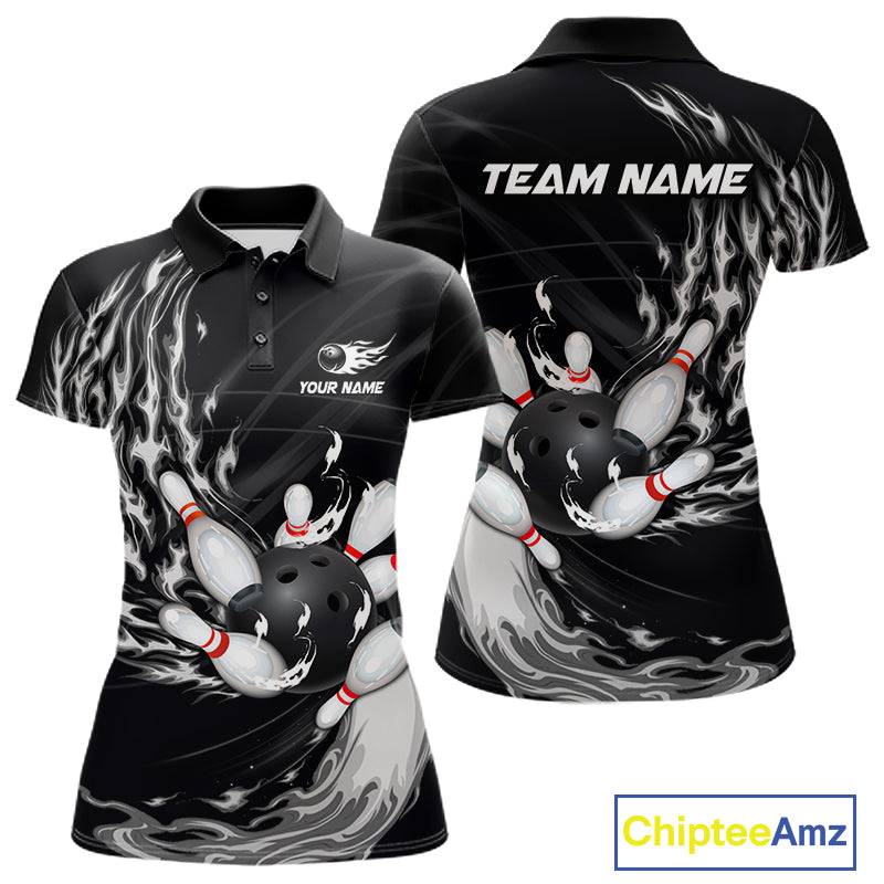 Personalized Black And White Flame Bowling Jersey For Women Custom Bowling League Team Shirts TDM7478