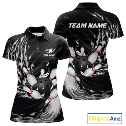 Personalized Black And White Flame Bowling Jersey For Women Custom Bowling League Team Shirts TDM7478