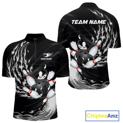 Personalized Black And White Flame Bowling Jersey For Men Custom Bowling League Team Shirts TDM7478