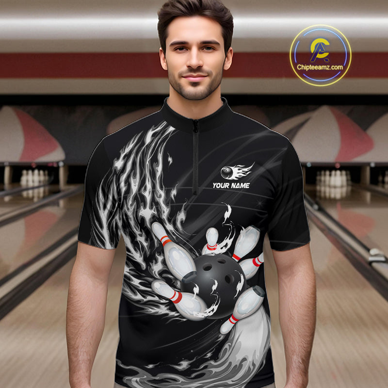 Personalized Black And White Flame Bowling Jersey For Men Custom Bowling League Team Shirts TDM7478