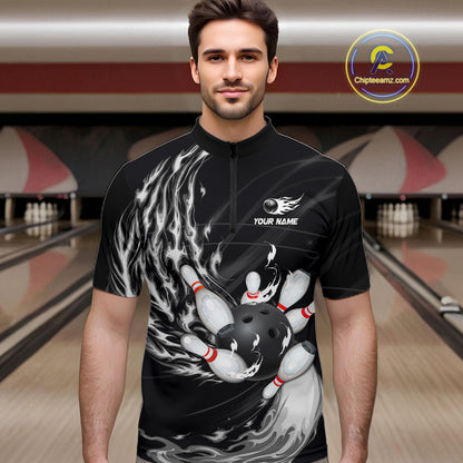 Personalized Black And White Flame Bowling Jersey For Men Custom Bowling League Team Shirts TDM7478