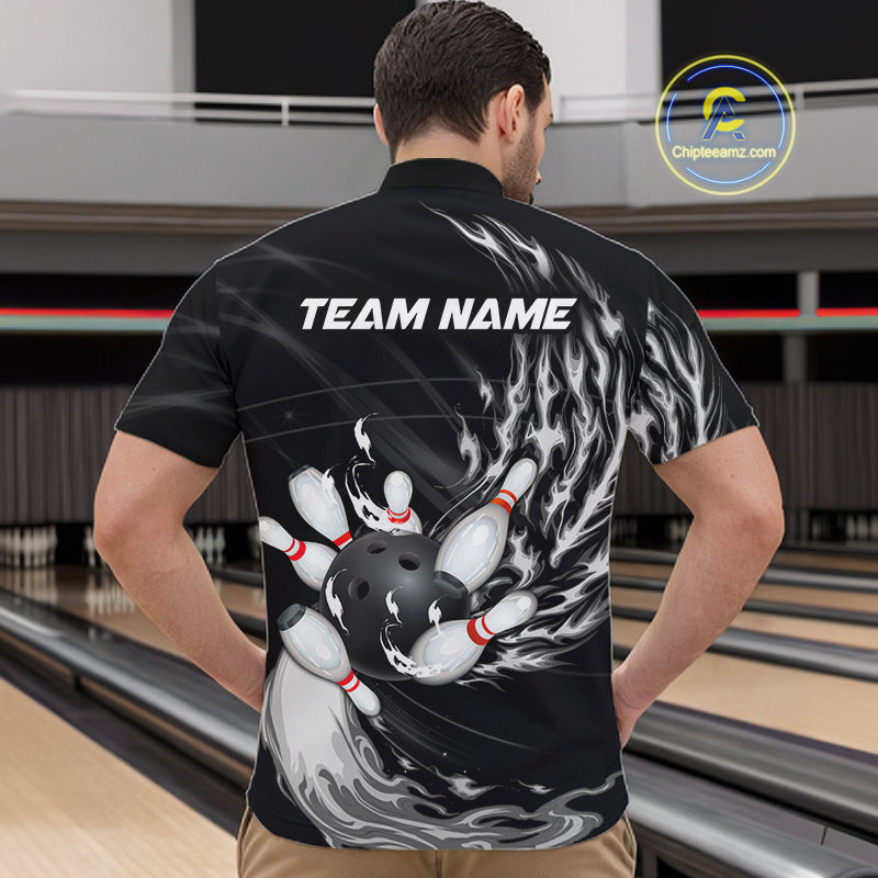 Personalized Black And White Flame Bowling Jersey For Men Custom Bowling League Team Shirts TDM7478
