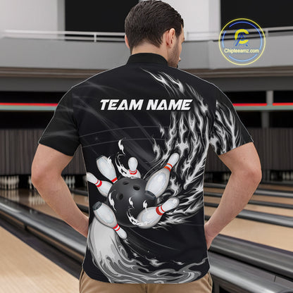 Personalized Black And White Flame Bowling Jersey For Men Custom Bowling League Team Shirts TDM7478