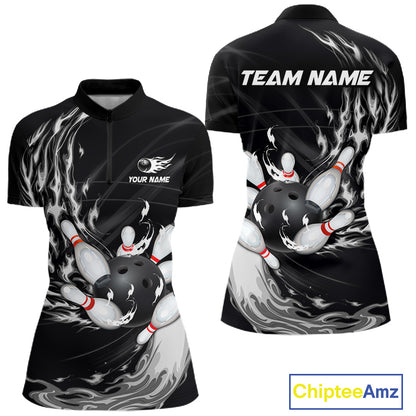 Personalized Black And White Flame Bowling Jersey For Women Custom Bowling League Team Shirts TDM7478