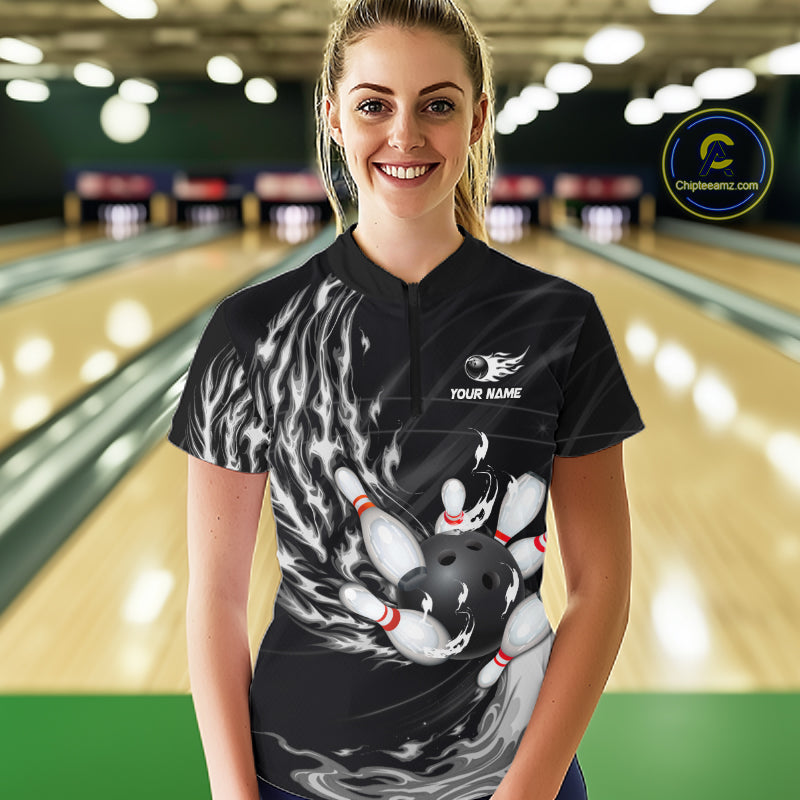 Personalized Black And White Flame Bowling Jersey For Women Custom Bowling League Team Shirts TDM7478