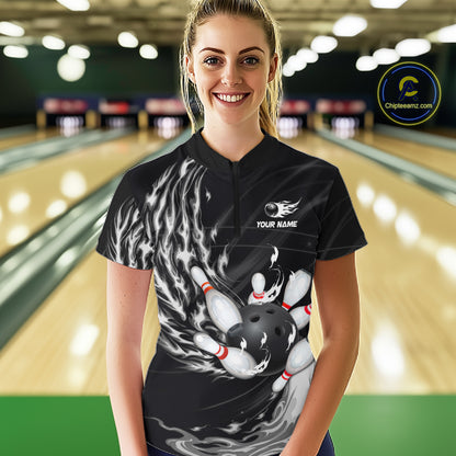 Personalized Black And White Flame Bowling Jersey For Women Custom Bowling League Team Shirts TDM7478