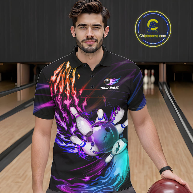Personalized Purple Blue Flame Bowling Jersey For Men Custom Glowing Bowling League Team Shirts TDM7479