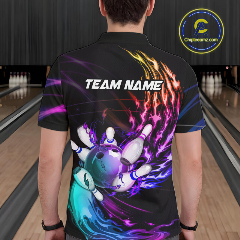 Personalized Purple Blue Flame Bowling Jersey For Men Custom Glowing Bowling League Team Shirts TDM7479