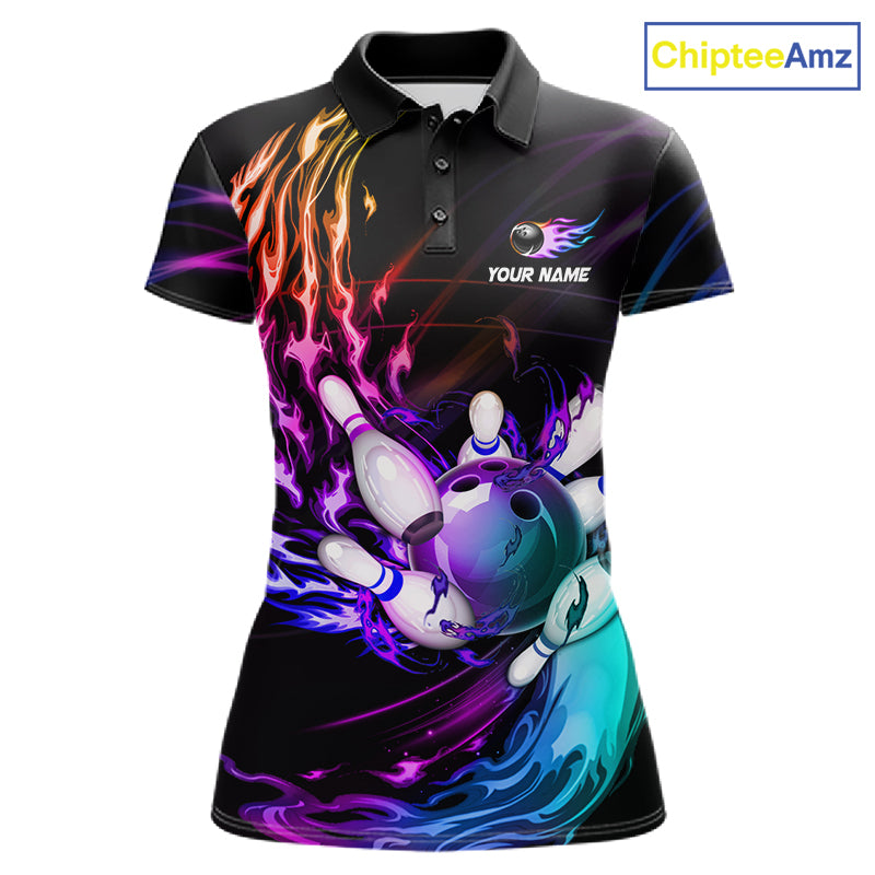 Personalized Purple Blue Flame Bowling Jersey For Women Custom Glowing Bowling League Team Shirts TDM7479