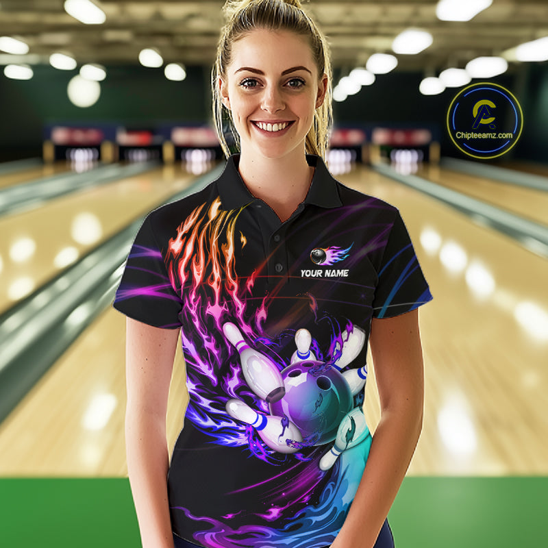 Personalized Purple Blue Flame Bowling Jersey For Women Custom Glowing Bowling League Team Shirts TDM7479