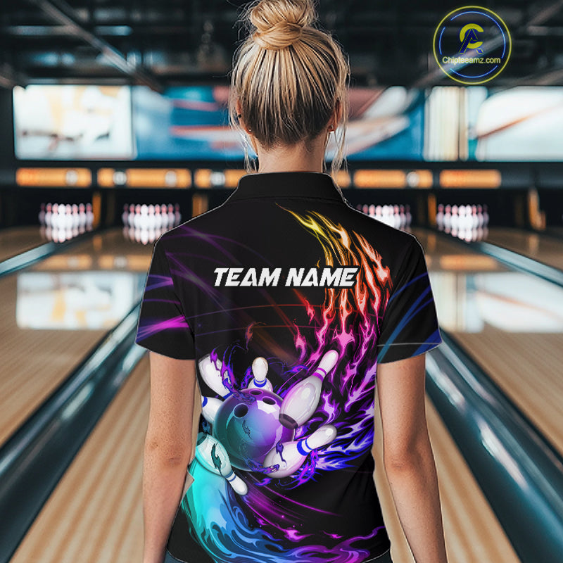Personalized Purple Blue Flame Bowling Jersey For Women Custom Glowing Bowling League Team Shirts TDM7479