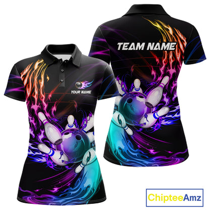 Personalized Purple Blue Flame Bowling Jersey For Women Custom Glowing Bowling League Team Shirts TDM7479
