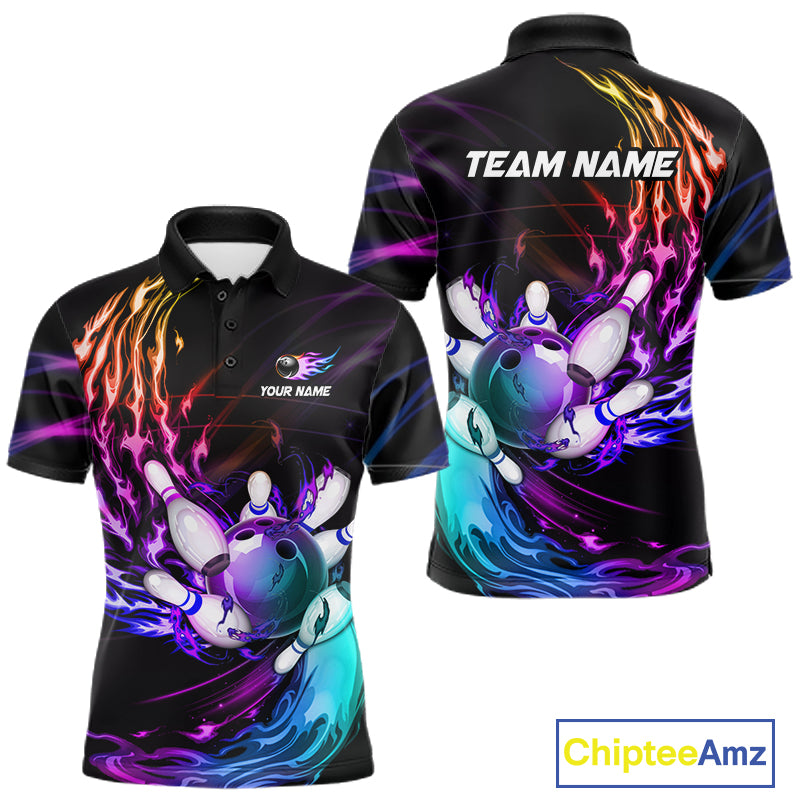 Personalized Purple Blue Flame Bowling Jersey For Men Custom Glowing Bowling League Team Shirts TDM7479