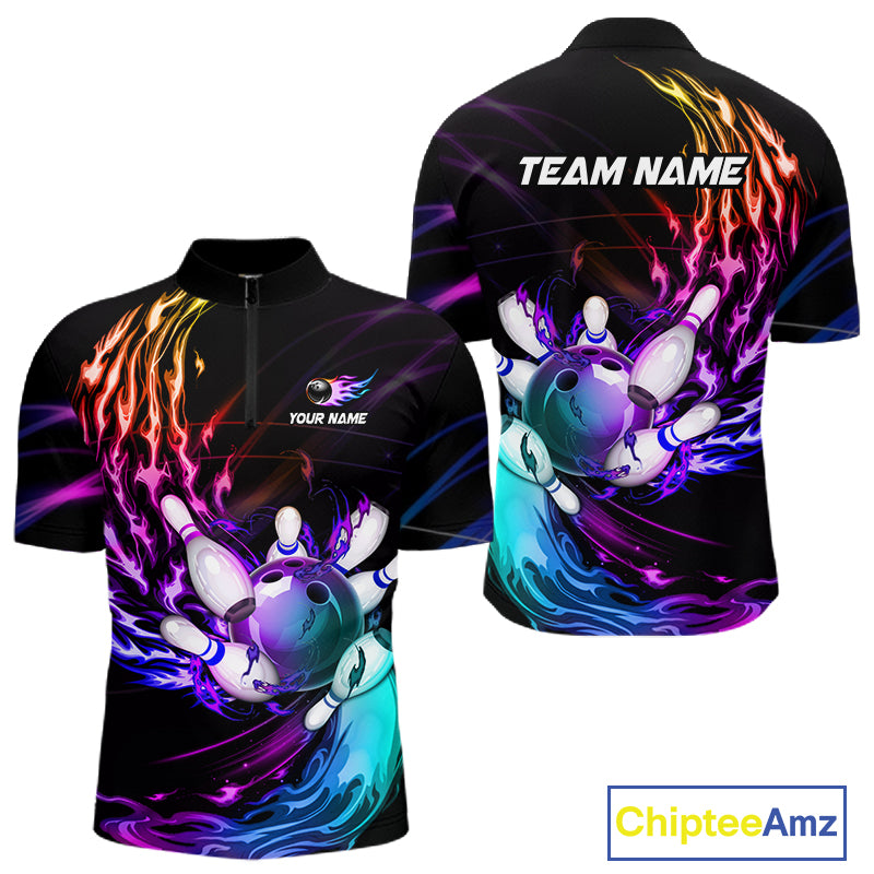 Personalized Purple Blue Flame Bowling Jersey For Men Custom Glowing Bowling League Team Shirts TDM7479