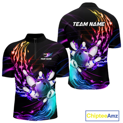 Personalized Purple Blue Flame Bowling Jersey For Men Custom Glowing Bowling League Team Shirts TDM7479
