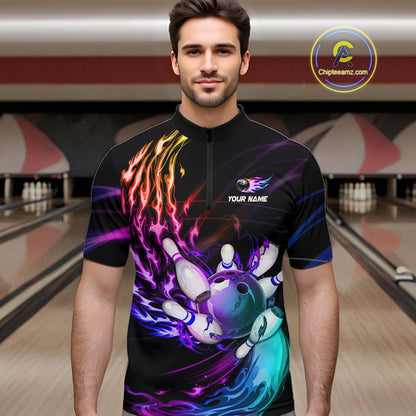 Personalized Purple Blue Flame Bowling Jersey For Men Custom Glowing Bowling League Team Shirts TDM7479