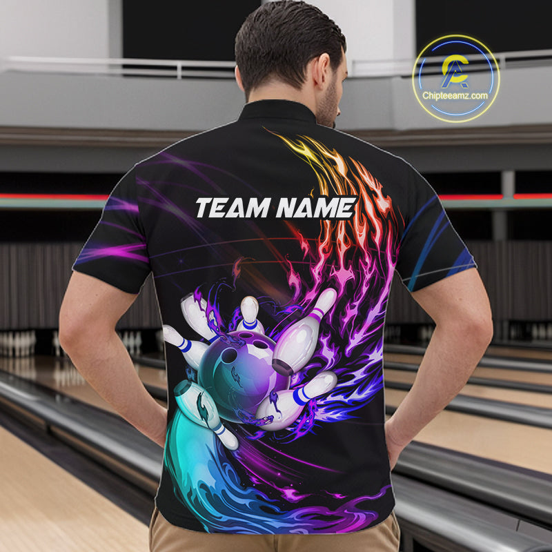 Personalized Purple Blue Flame Bowling Jersey For Men Custom Glowing Bowling League Team Shirts TDM7479