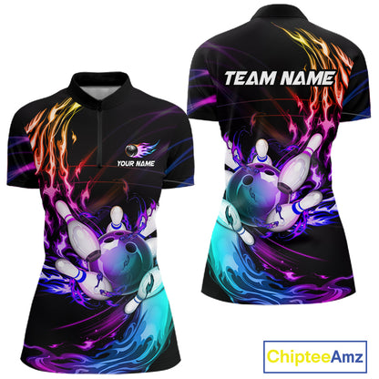 Personalized Purple Blue Flame Bowling Jersey For Women Custom Glowing Bowling League Team Shirts TDM7479