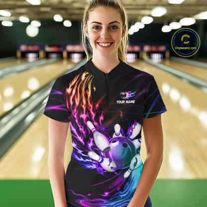 Personalized Purple Blue Flame Bowling Jersey For Women Custom Glowing Bowling League Team Shirts TDM7479