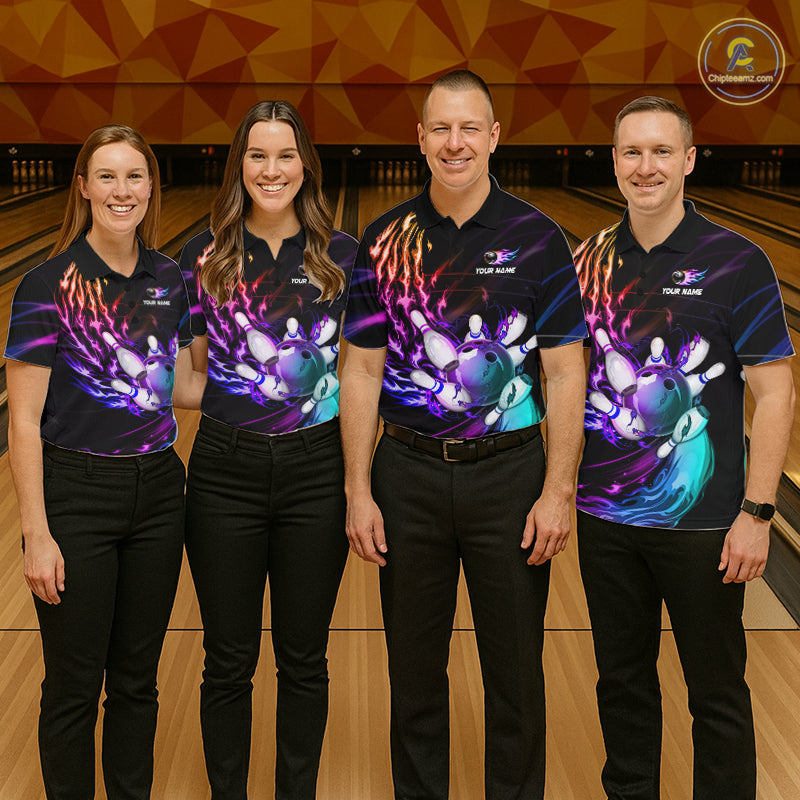 Personalized Purple Blue Flame Bowling Jersey For Women Custom Glowing Bowling League Team Shirts TDM7479