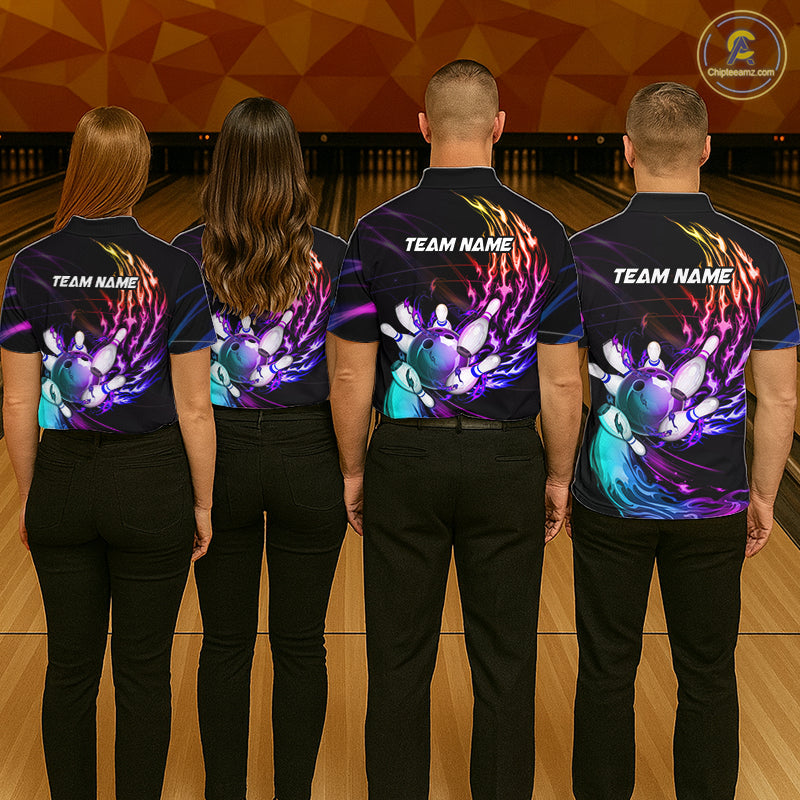 Personalized Purple Blue Flame Bowling Jersey For Women Custom Glowing Bowling League Team Shirts TDM7479