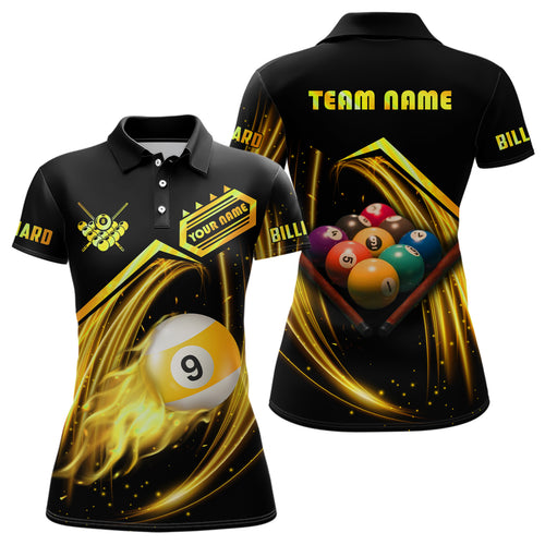 Personalized Yellow 9 Ball Billiard Polo Shirts For Women Custom 9 Ball Team Shirts, Billiard Apparel TDM0544