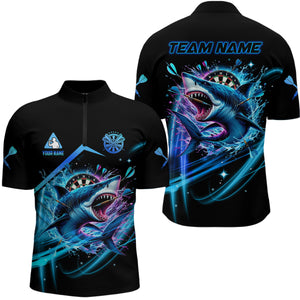 Personalized Blue 3D Darts Board And Shark Men Dart Polo & 1/4 Zip Shirts, Funny Dart Jersey Outfit TDM2957