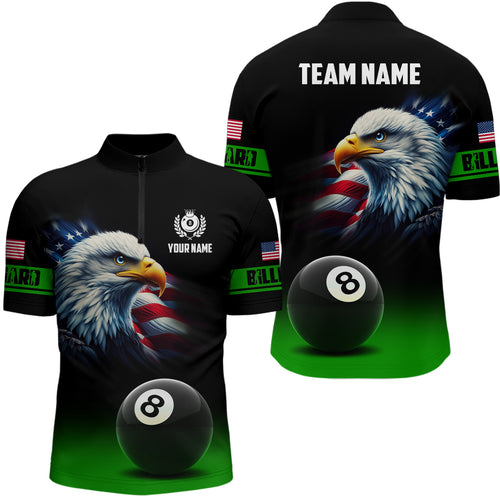 Custom Black Green Billiard Us Flag Eagle Men Quarter-Zip Shirt 3D 8 Ball Pool Team Shirts TDM1096
