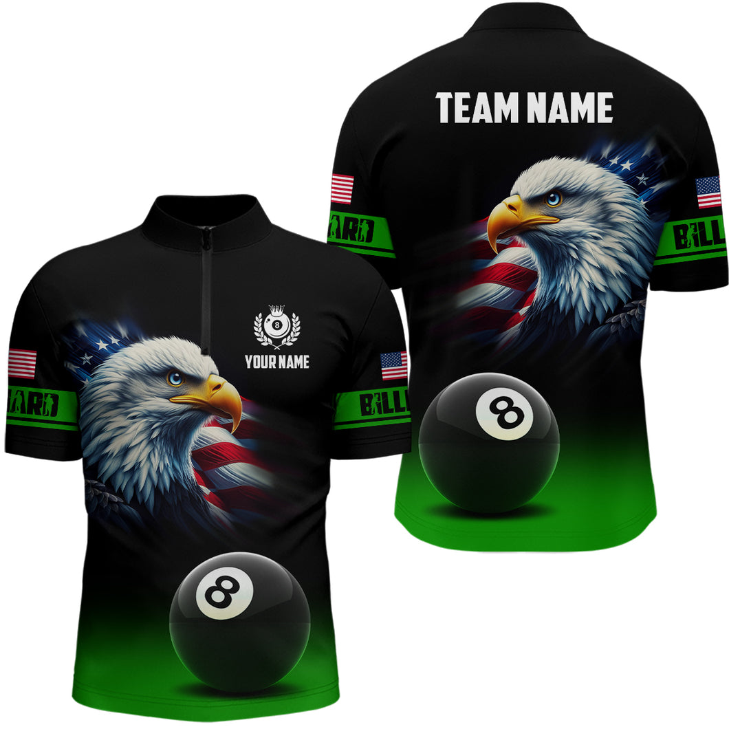 Custom Black Green Billiard Us Flag Eagle Men Quarter-Zip Shirt 3D 8 Ball Pool Team Shirts TDM1096