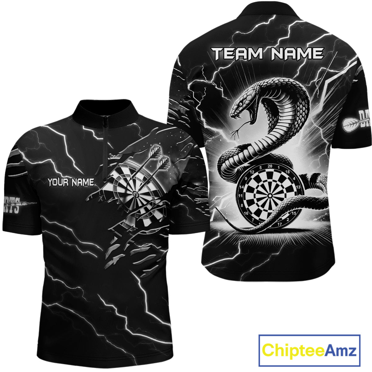 Custom Men's Dart Shirt – Black & White Lightning Cobra Design – Personalized Dart Team Jersey TDM3882