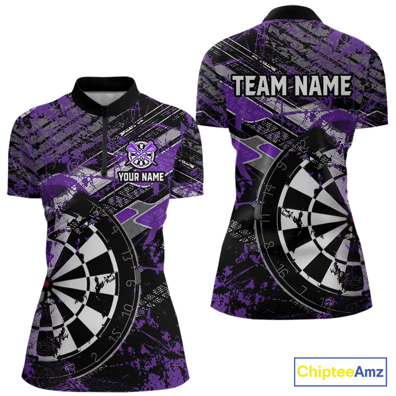 Personalized Purple Splatter Grunge Darts Shirt For Women Custom Darts Jersey Team Polo & 1/4 Zip TDM6486
