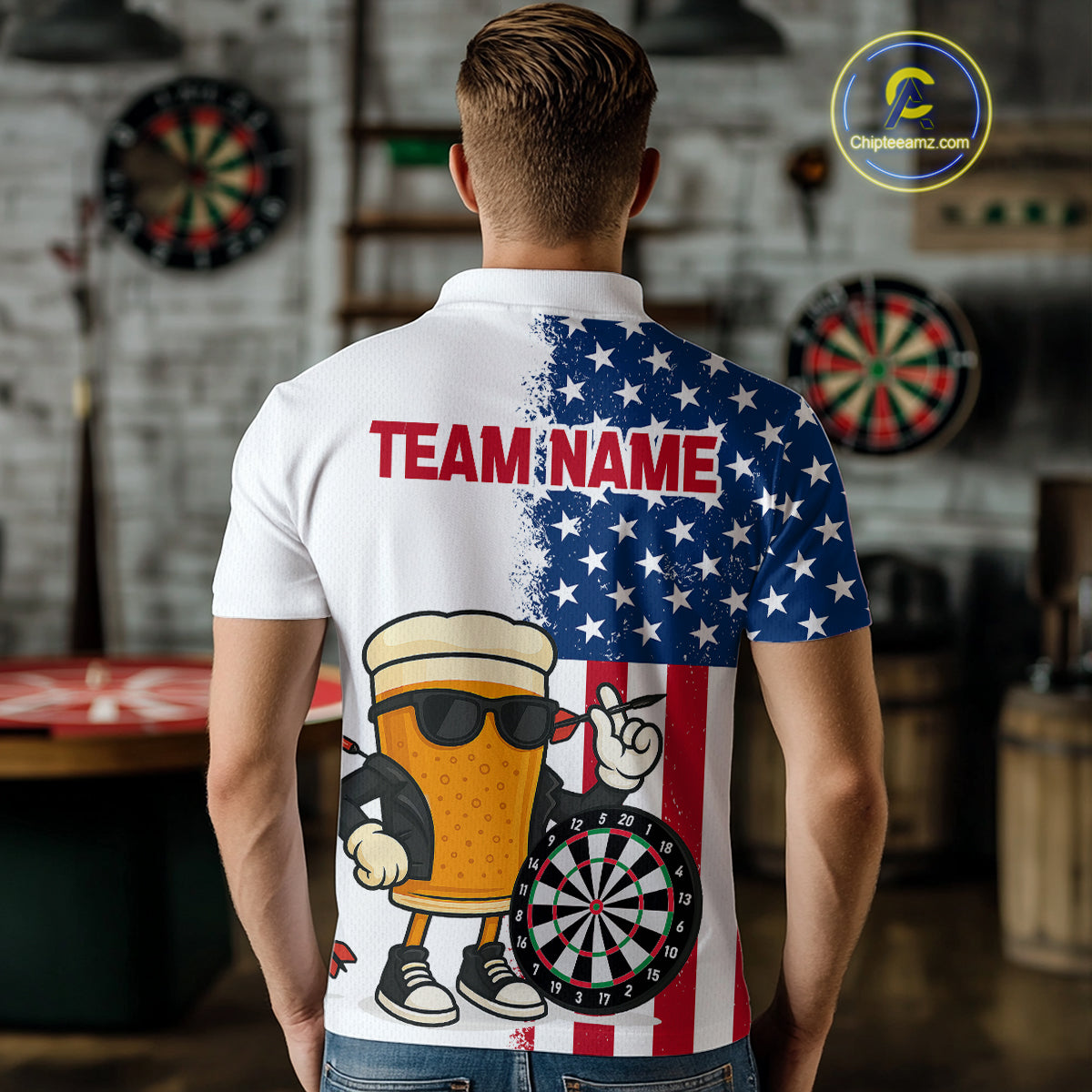 Funny Beer American Flag Dart Shirts For Men Custom Patriotic Darts Team Jerseys Polo & 1/4 Zip TDM4177