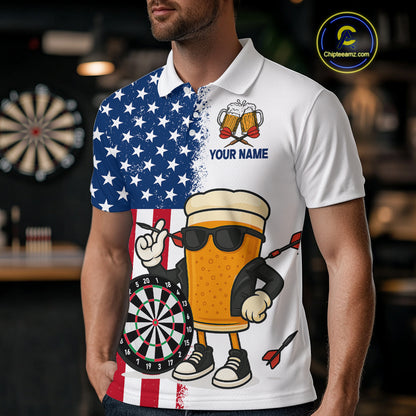 Funny Beer American Flag Dart Shirts For Men Custom Patriotic Darts Team Jerseys Polo & 1/4 Zip TDM4177