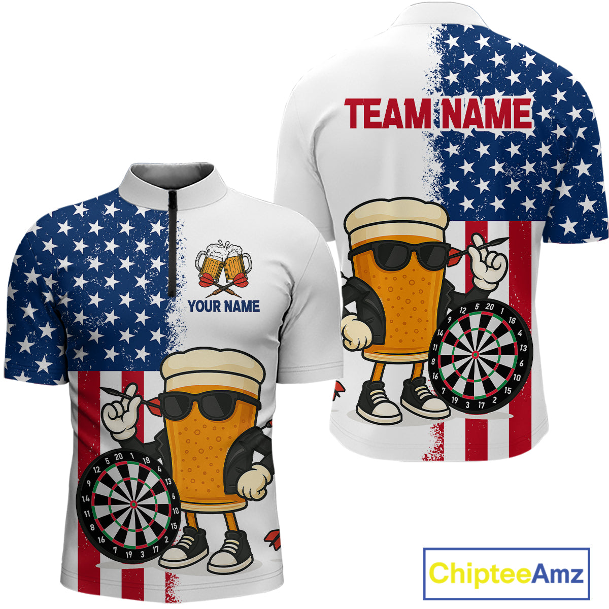 Funny Beer American Flag Dart Shirts For Men Custom Patriotic Darts Team Jerseys Polo & 1/4 Zip TDM4177
