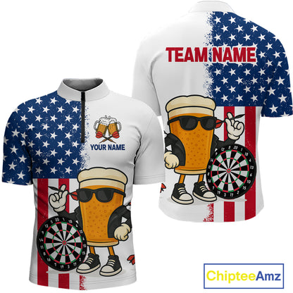 Funny Beer American Flag Dart Shirts For Men Custom Patriotic Darts Team Jerseys Polo & 1/4 Zip TDM4177