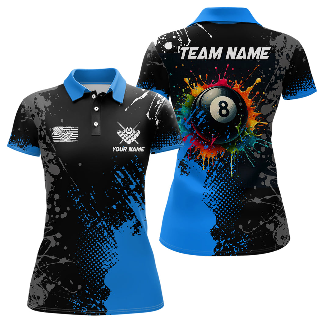 Personalized Grunge Paint Colorful 8 Ball Pool Billiard Shirts For Women Custom Billiard Jersey |Blue TDM2196