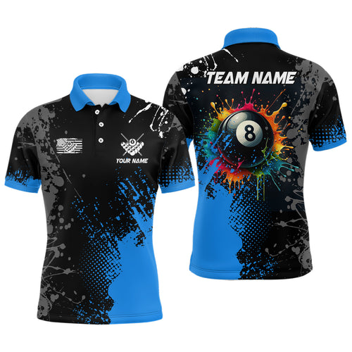 Personalized Grunge Paint Colorful 8 Ball Pool Billiard Shirts For Men Custom Billiard Jersey |Blue TDM2196