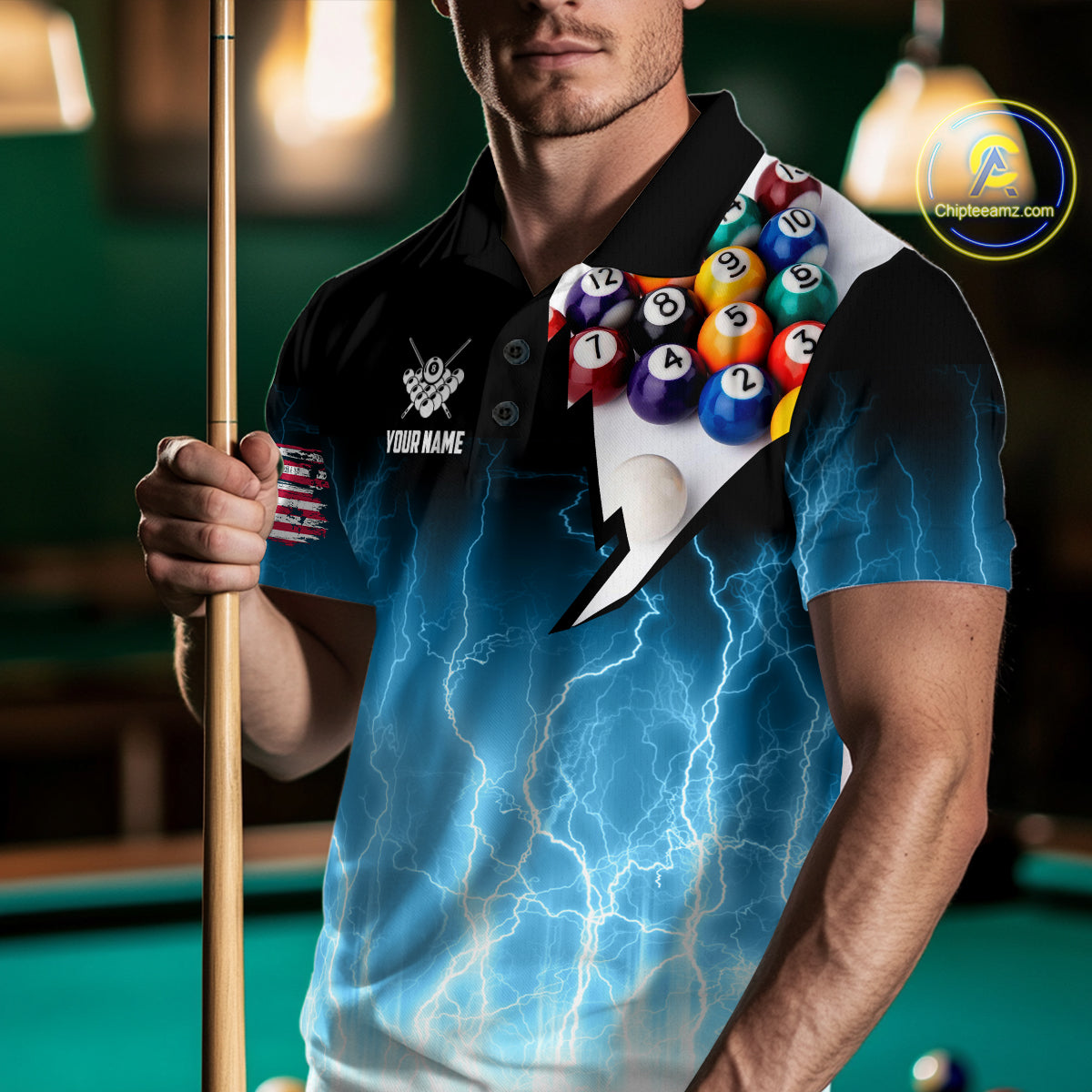 Blue Billiard Jersey For Men Custom Thunder Lightning 3D Pool Balls Team Jersey Polo & 1/4 Zip TDM4561