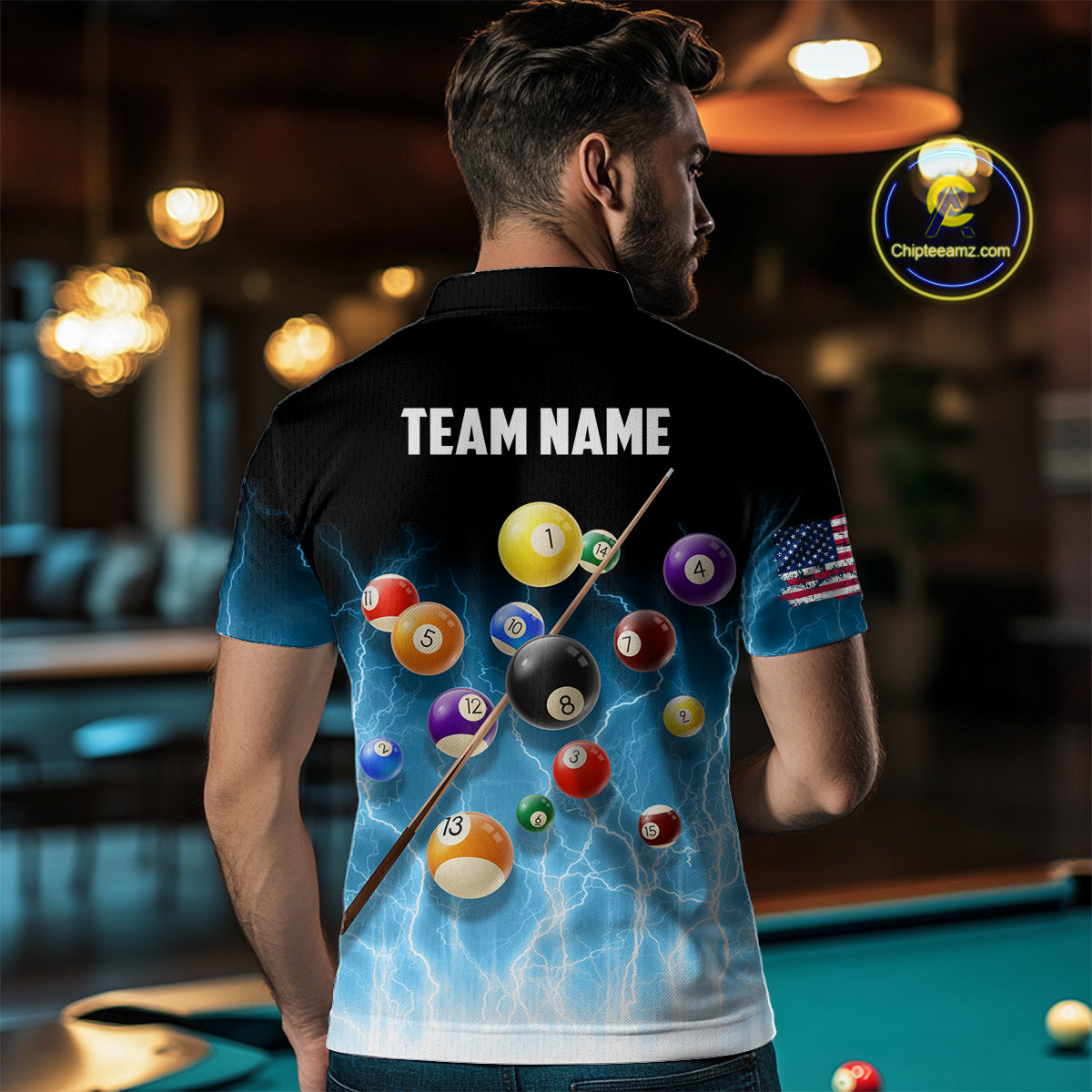 Blue Billiard Jersey For Men Custom Thunder Lightning 3D Pool Balls Team Jersey Polo & 1/4 Zip TDM4561