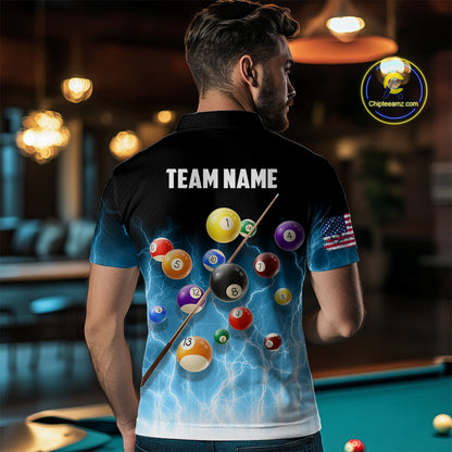 Blue Billiard Jersey For Men Custom Thunder Lightning 3D Pool Balls Team Jersey Polo & 1/4 Zip TDM4561
