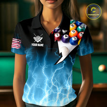 Load image into Gallery viewer, Blue Billiard Jersey For Women Custom Thunder Lightning 3D Pool Balls Team Jersey Polo &amp; 1/4 Zip TDM4561