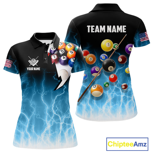 Blue Billiard Jersey For Women Custom Thunder Lightning 3D Pool Balls Team Jersey Polo & 1/4 Zip TDM4561