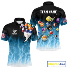 Load image into Gallery viewer, Blue Billiard Jersey For Men Custom Thunder Lightning 3D Pool Balls Team Jersey Polo &amp; 1/4 Zip TDM4561