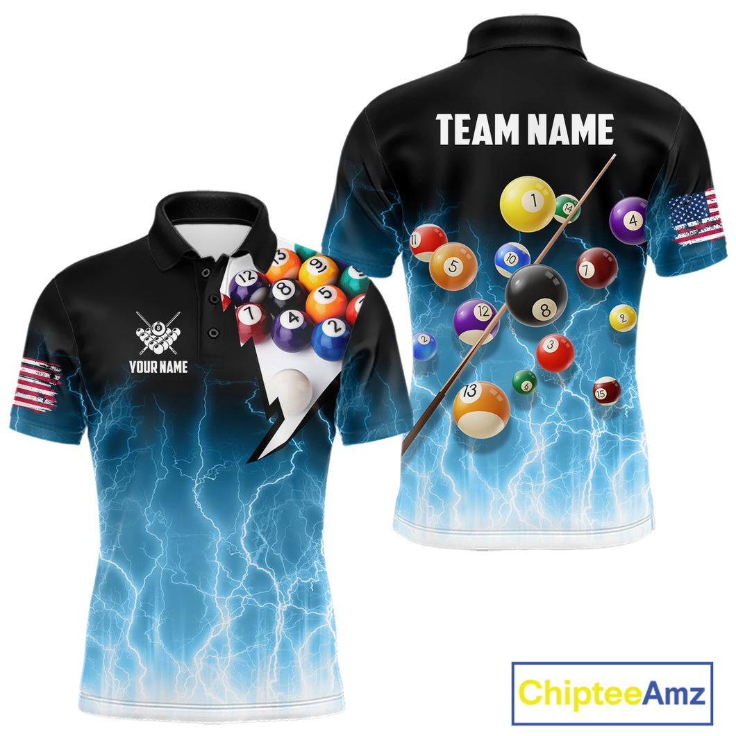 Blue Billiard Jersey For Men Custom Thunder Lightning 3D Pool Balls Team Jersey Polo & 1/4 Zip TDM4561