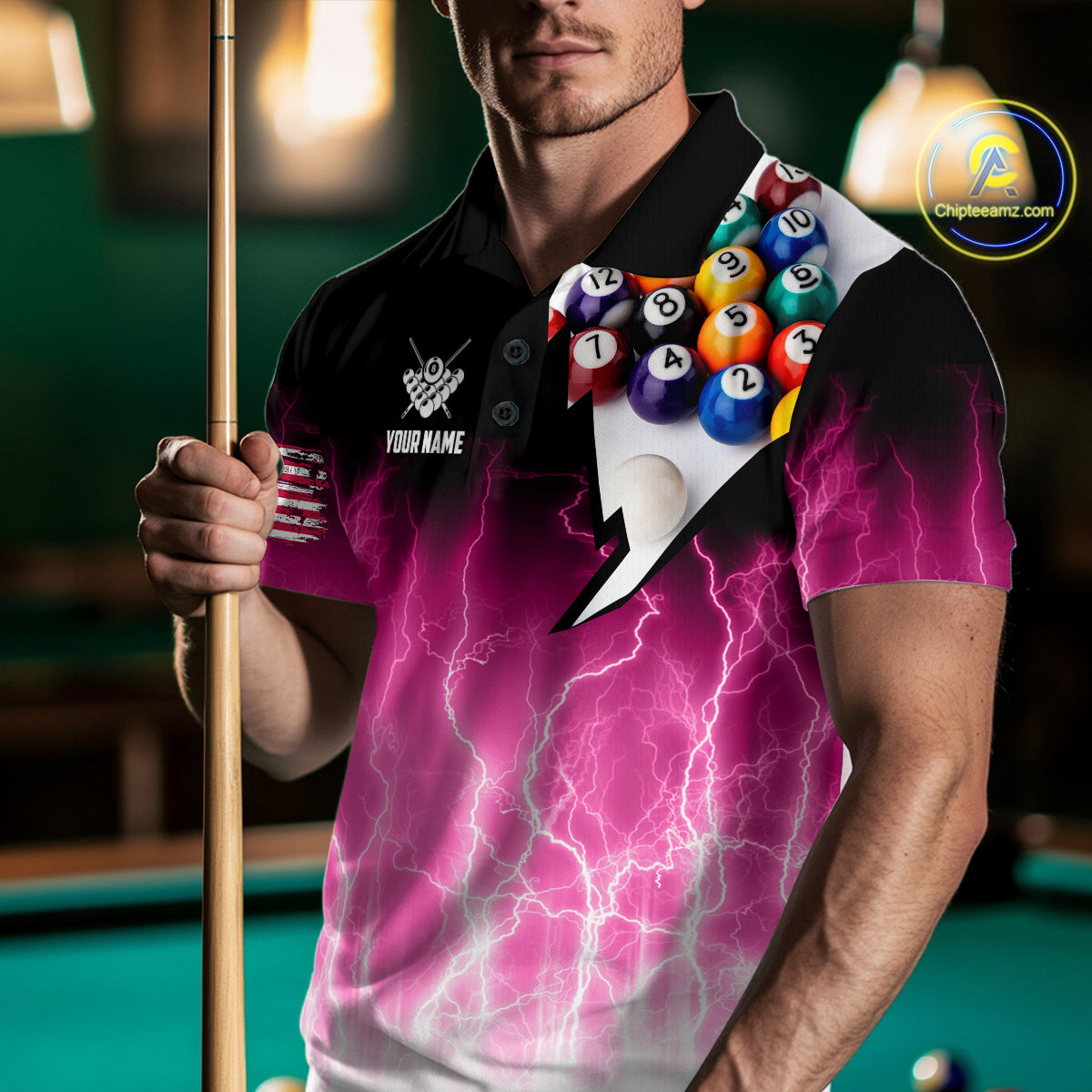 Pink Billiard Jersey For Men Custom Thunder Lightning 3D Pool Balls Team Jersey Polo & 1/4 Zip TDM4562