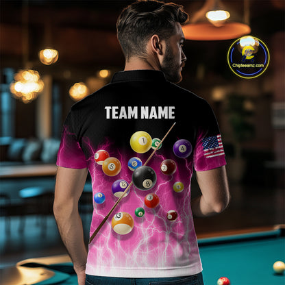 Pink Billiard Jersey For Men Custom Thunder Lightning 3D Pool Balls Team Jersey Polo & 1/4 Zip TDM4562