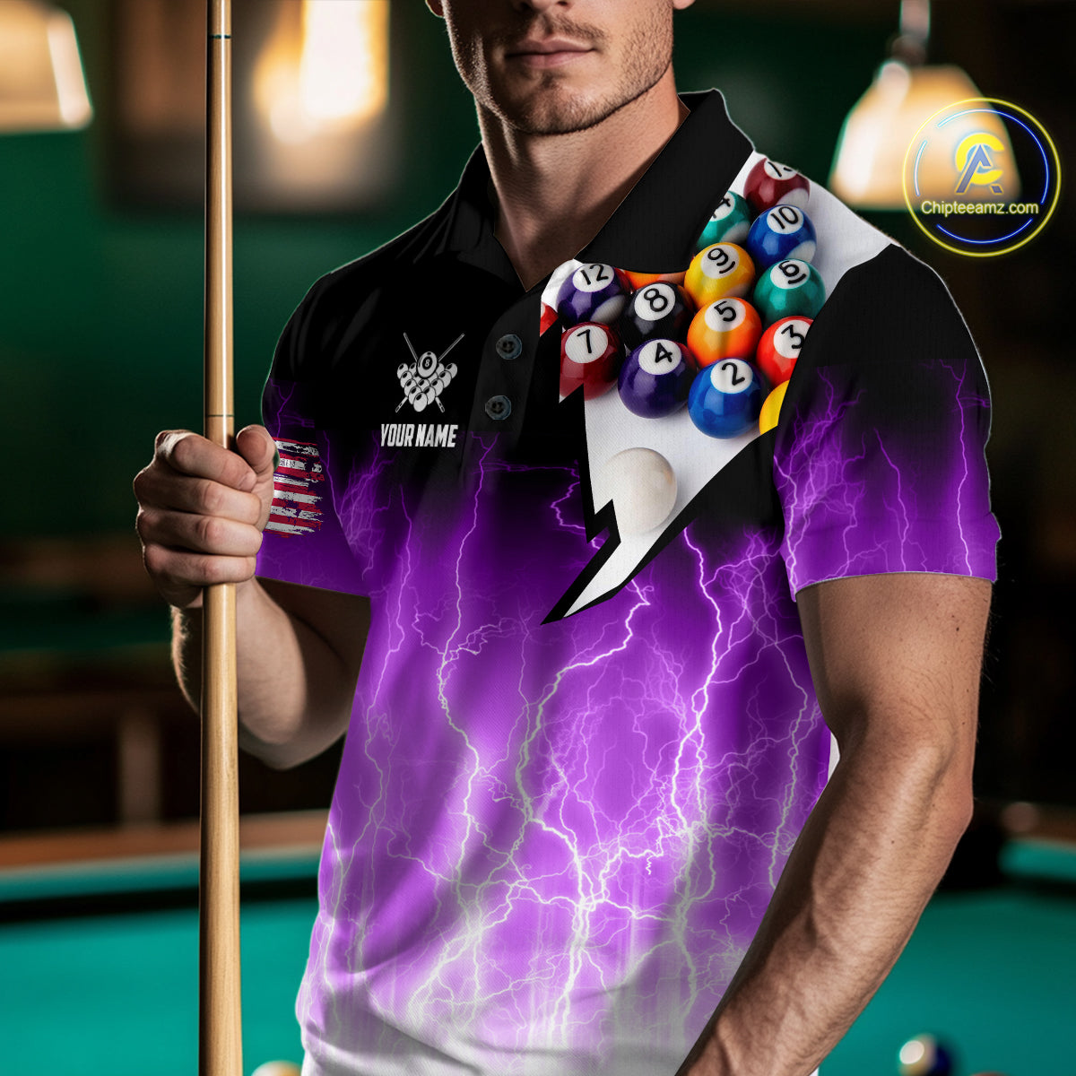 Purple Billiard Jersey For Men Custom Thunder Lightning 3D Pool Balls Team Jersey Polo & 1/4 Zip TDM4563