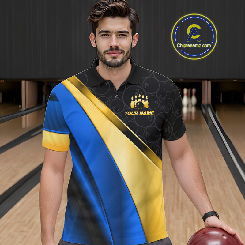 Custom Blue And Gold Bowling Shirts For Men, Bowling League Team Jersey Bowling Tournament Shirts TDM7212