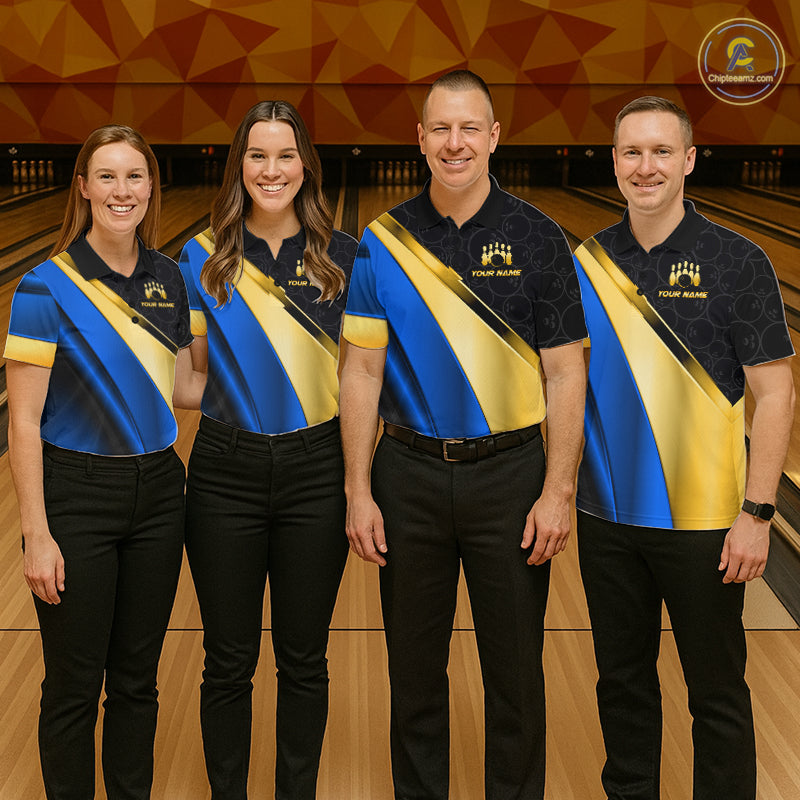 Custom Blue And Gold Bowling Shirts For Women, Bowling League Team Jersey Bowling Tournament Shirts TDM7212