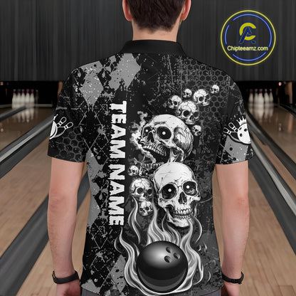 Black Grey Grunge Argyle Skull Bowling Shirt For Men Custom Bowling Team Jersey Polo & 1/4 Zip TDM4773